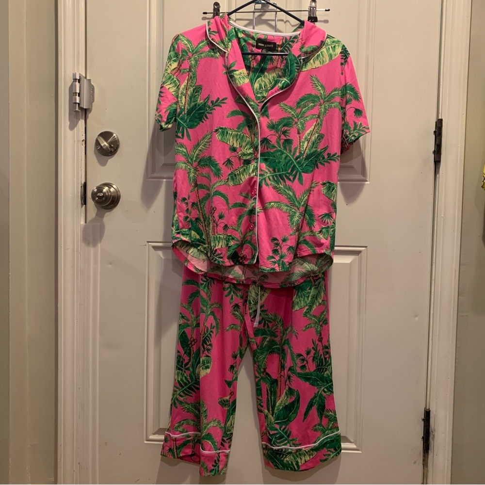 Room Service Pink Green Tropical Teagan Knit PJ Pajama Set Size S Retail $72.00